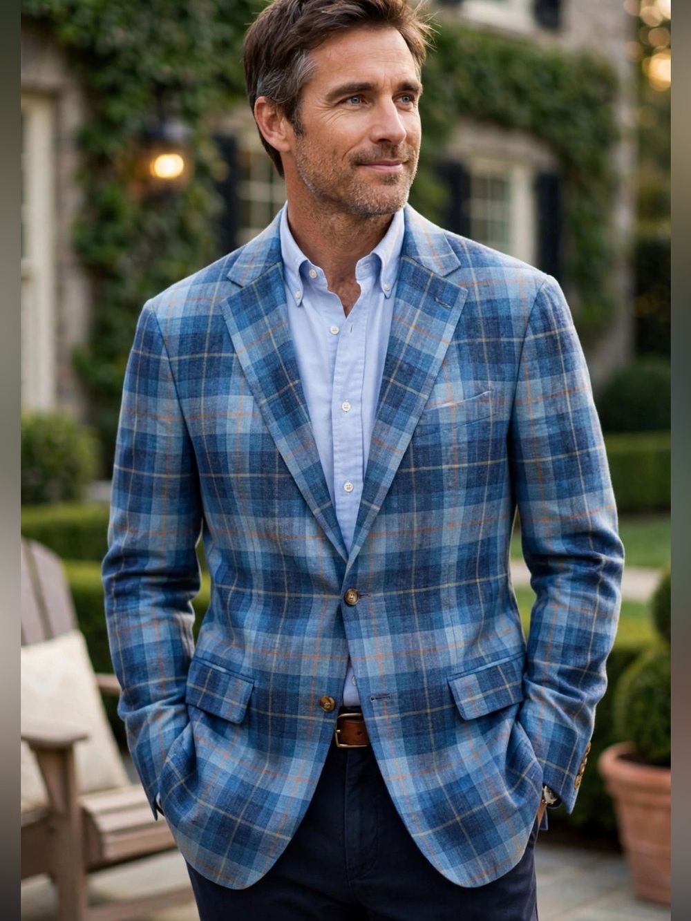 Ralph Lauren || Linen Blend Plaid Sport Suit Coat Jacket Blue Orange 42L